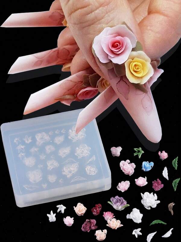 1pc Rose Flowers Petals Nail Art Carving Mold Cute Floral 3D Rose Pattern Design Manicure Template Silicone Tool Nail Supplies Accessory