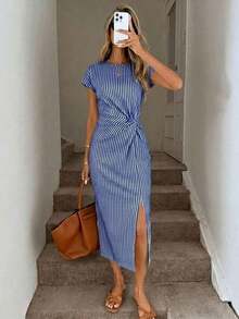 Vestido midi sin mangas con abertura alta, estampado elegante de lazo a rayas rosa, estilo minimalista casual; Vestido de punto de textura casual ajustado para mujer; Conjunto de fitness para mujer; Vestido de invitada de boda para mujer; Atuen - Multicolor 3 - Ver 8