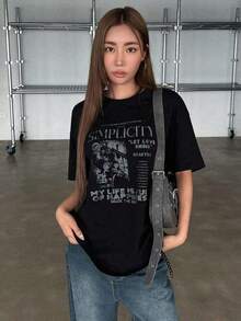 Women's Casual Black Graphic Print T-Shirt, Round Neck, Short Sleeve Top, Regular Length Knit Summer Streetwear 3GY0 - 黑色 - 查看 3