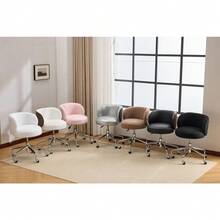 Cute Small Swivel Desk Chair Comfy With Wheels,Ergonomic Low-Back Lumbar Support Vanity Nail Tech Rolling Task Stool Chair For Home Office,Height Adjustable,PU Leather Silver&Suede Black - 白色PU和卡其色絨面革 - 查看 5