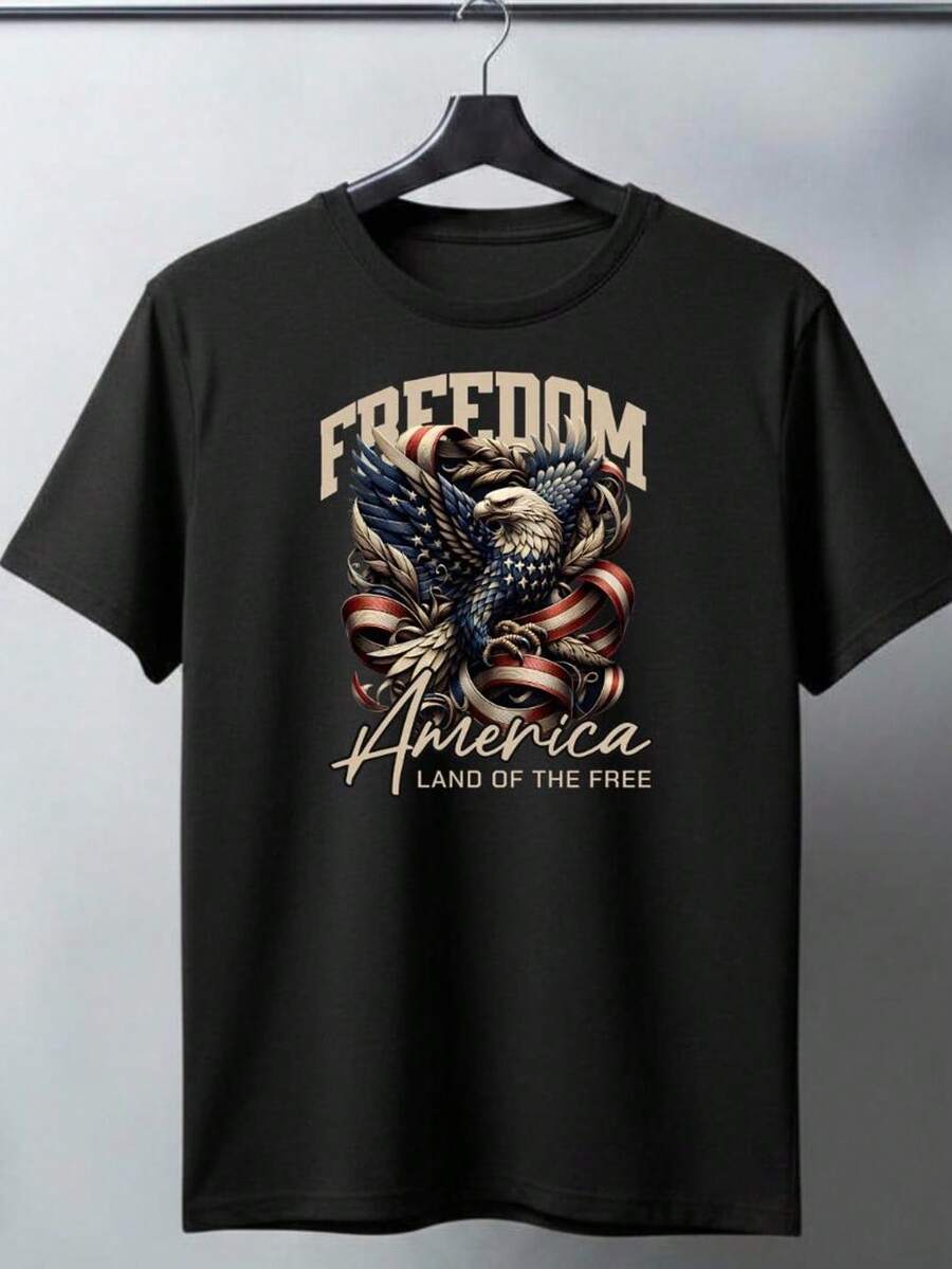Camiseta Freedom AM1erica águila patriótica con gráfico de la bandera. 220 g de algodón puro unisex. Tejido de peso ideal para todas las estaciones, apto para hombres y mujeres. Tejido duradero de alta calidad, suave al tacto y de larga duración. Top transpirable. Adecuado para primavera y verano, vacaciones, Día de la Madre y Día de la Independencia. - Negro - Ver 1