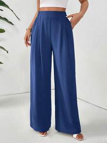 Pantalones casuales sueltos con bolsillos plisados y unicolor básico para mujer - Azul marino 2 - Ver 5