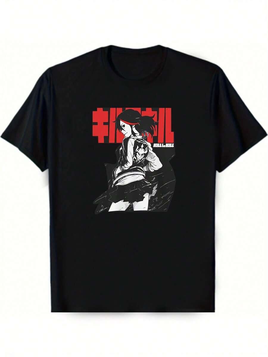 1 Camiseta de Anime Kill la Kill Reiko Matoi - Negra con Letras Rojas y Blancas, Algodón Pesado 180gsm Cuello Redondo Manga Corta Casual para Adultos, Ropa para Fans del Anime - Negro - Ver 1