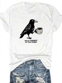 Camiseta con estampado de letras, manga corta, cuello redondo, top casual para verano y primavera, ropa de mujer. Camiseta > Hermosa. - Blanco - Ver 1