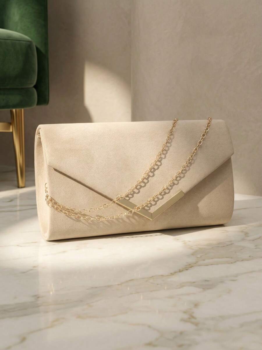 Beige Women's Velvet Clutch Bag, Formal Party Handbag With Detachable Chain Strap - Apricot - View 1