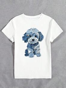 Custom T-Shirt With Vintage Patchwork Style Dog Graphic Print, Minimalist Short Sleeve Round Neck Top For Women, Suitable For Daily Use - Urban Vintage Style Short Sleeve Round Neck Cotton T-Shirt. - 白色 2 - 查看 3