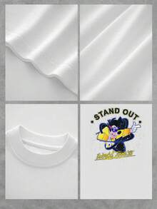 Colorful Graphic With Cartoon Character Wearing A Yellow Jacket And Sunglasses Representing Confidence And Positive Energy, Text Stand Out World Tour 95 Symbolizing Authentic And Powerful Attitude, Comfortable And Modern Casual Women's T-Shirt For Everyday Wear - 白色 - 查看 4