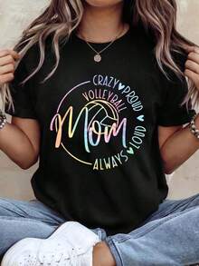 Mother's Day T-Shirt With 'Volleyball Mom, Crazy With Pride, Always Strong' Print, Tie-Dye Style, Graphic Tees For Women - 黑色 - 查看 1