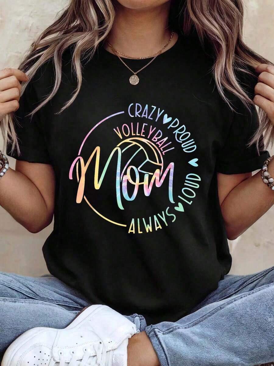 Mother's Day T-Shirt With 'Volleyball Mom, Crazy With Pride, Always Strong' Print, Tie-Dye Style, Graphic Tees For Women - 黑色 - 查看 1