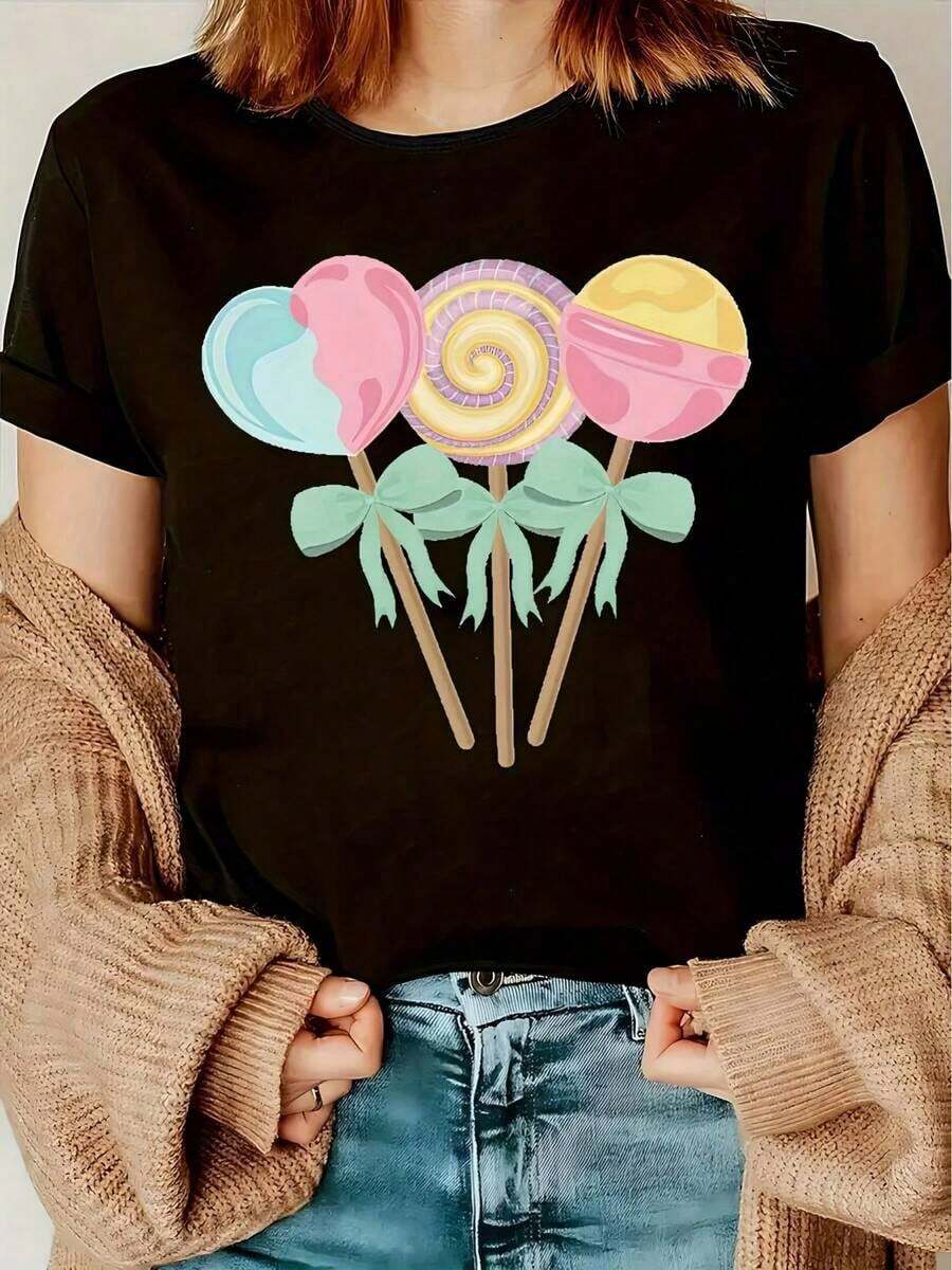 Camisetas De Calor Para Mujer1 Pieza De Moda Casual Para Hombres Y Mujeres, Camiseta Casual De Manga Corta Con Cuello Redondo Y Estampado GráFico, Perfecta Para Verano Y Primavera, DiseñAda Para Mujeres. VersáTil, FáCil De Combinar, Adecuada Para Uso Diario, Estilo Urbano, Ropa De Vacaciones, Ropa De Fin De Semana. - Negro - Ver 1