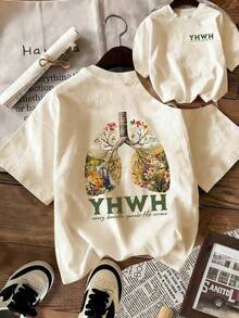 Camiseta de manga corta de verano para mujer con estampado de letra YHWH y paisaje, de corte holgado y versátil, de cuello redondo, en color beige, adecuada para uso diario y vacaciones - Negro - Ver 1