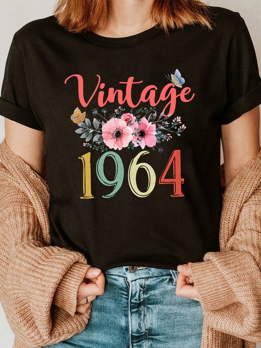 1964 Wine Floral Fashion Letter Print T-Shirt, Camiseta de Manga Corta con Cuello Redondo Top Casual para Verano y Primavera, Ropa de Mujer - Negro - Ver 1