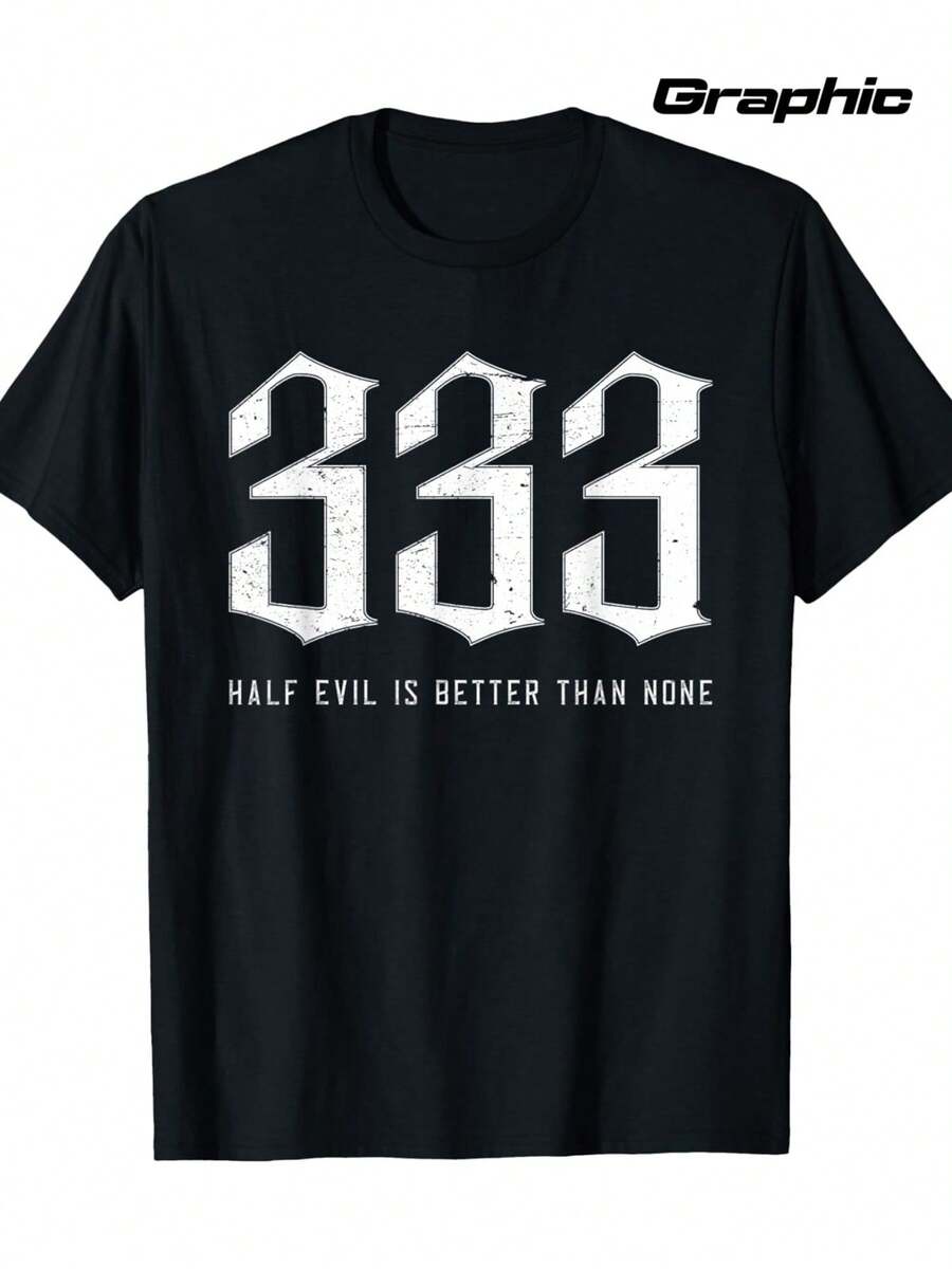 Satanic Gothic Black Metal 333 Pattern T-Shirt- 100% Loose Casual Style With 333 Number Signature Design, Suitable For Concerts, Music Festivals, And Daily Wear- Gothic Subculture Clothing - 黑色 - 查看 1