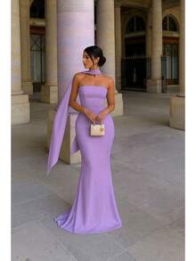 Women Elegant Strapless Mesh Insert Maxi Dress With Neck Scarf Detail Evening Party Gown - Màu tím - Xem 1