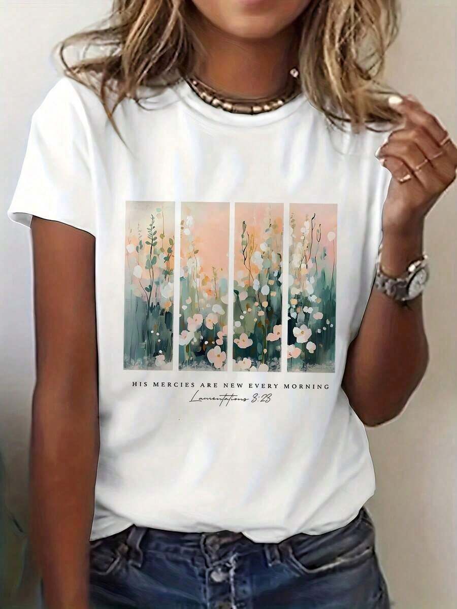 Camiseta Vintage para Mujer con Estampado Floral Cristiano - Frase Inspiradora "Sus Misericordias Son Nuevas Cada Mañana", Estampado Floral en Tonos Pastel Suaves, Manga Corta, Cuello Redondo, Estilo Casual, Transpirable para Verano y Primavera, Material No Transparente - Blanco - Ver 1