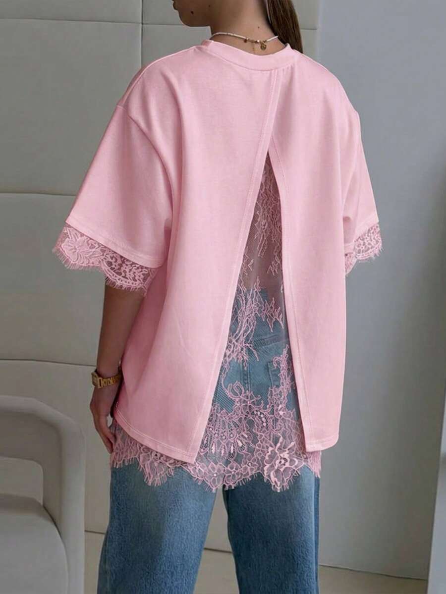 Women's Casual Loose Lace Patchwork Open Back Round Neck Short Sleeve T-Shirt, Solid Color Knit Fabric Lace Patchwork Open Slit Retro Wear Pink Summer