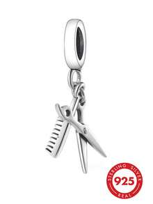 HuooNew 1pc 925 Sterling Silver Scissors & Comb Pendant, Hairstylist Tool Charm, Suitable For Bracelet, Cute Hairstylist Jewelry Gift - Silver - View 1
