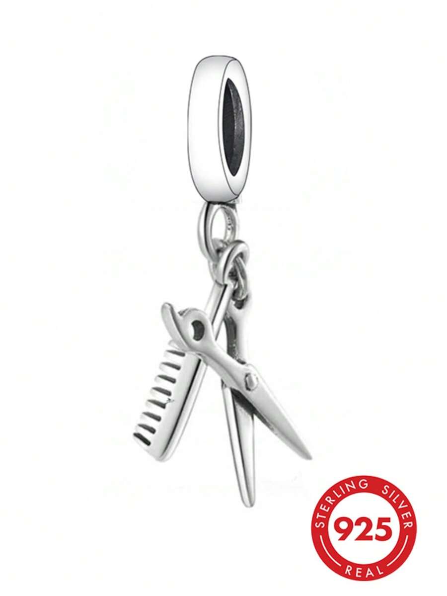 HuooNew 1pc 925 Sterling Silver Scissors & Comb Pendant, Hairstylist Tool Charm, Suitable For Bracelet, Cute Hairstylist Jewelry Gift - Silver - View 1