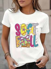 Camia Casual de Softbol para Mujer - Manga Corta, Cuello Redondo, Elástica, Lavable a Máquina, con Diseño Deportivo Geométrico Vibrante, Tejido Transpirable para Primavera y Verano, Estilo Deportivo, Tejido Elástico, Transpirable y Cómoda - Negro - Ver 7
