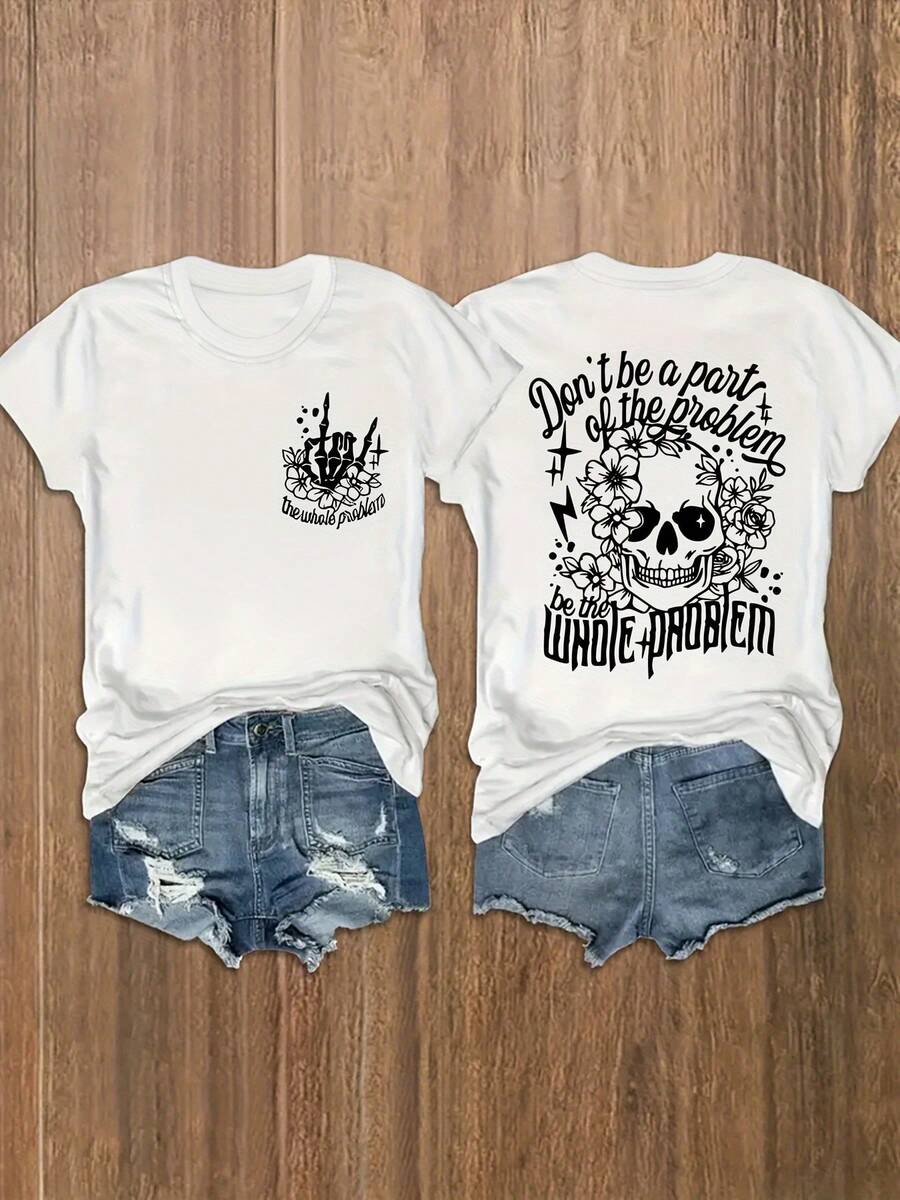 Women's 100% Cotton T-Shirts 2026 Plus Size - Short-Sleeved T-Shirt With Round Neck, Double-Sided Print With Floral Skull And Letters, Korean Style. - White - View 1