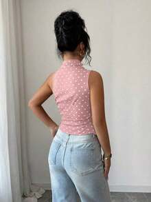 Camiseta de tirantes ajustada con dobladillo asimétrico y lunares rojos para mujer - Rosa - Ver 2