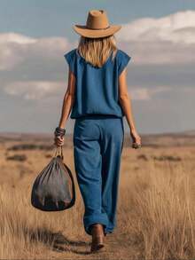 Conjunto de gamuza estilo oeste 2026, sin mangas, pantalones anchos con bajo ajustado - Azul oscuro - Ver 2