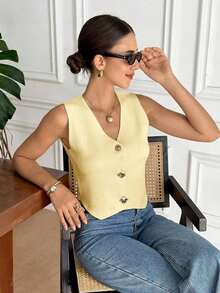 Chaleco elegante de mujer de unicolor con cuello en V sin mangas, decorado con botones metálicos, para verano, playa, vacaciones, estilo boho, tropical, casual, de oficina, de salida elegante, para la escuela y vacaciones, color albaricoque - Amarillo - Ver 6