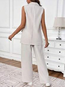 Traje de negocios informal para mujer con chaleco de unicolor y pantalón largo de verano - Albaricoque - Ver 2