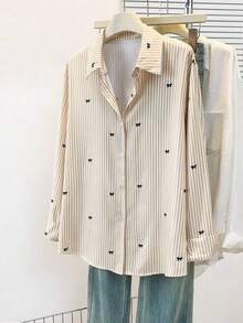 Camisa de manga larga con estampado a rayas y lazo, con botones delanteros, cuello de camisa, top casual, adecuado para primavera, otoño e invierno en color rosa - Albaricoque - Ver 3