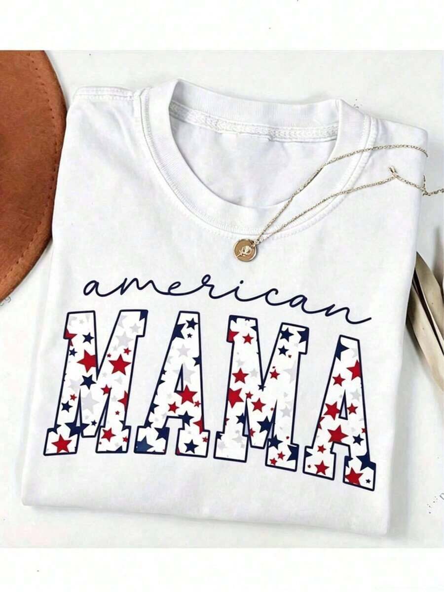 Camisetas Casuales Premium Unisex Lindas, Estampado Retro Patriótico "MAMA" con Bandera Americana y Lazo, Top de Verano de Manga Corta Azul Claro, Camiseta Casual Versátil para Mujer, Corte Relajado, Transpirable y Amigable con la Piel, Popular para Deportes, Aire Libre y Uso Diario, Regalo de Vacaciones, Regalo Perfecto-Unisex, Adecuada para Salidas Diarias Casuales, Top de Verano de Manga Corta, Camiseta con Estampado Retro Y2K - Blanco - Ver 1