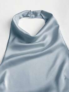 Camiseta sin espalda con lazo, de satén de unicolor, con drapeado halter elegante - Azul - Ver 4