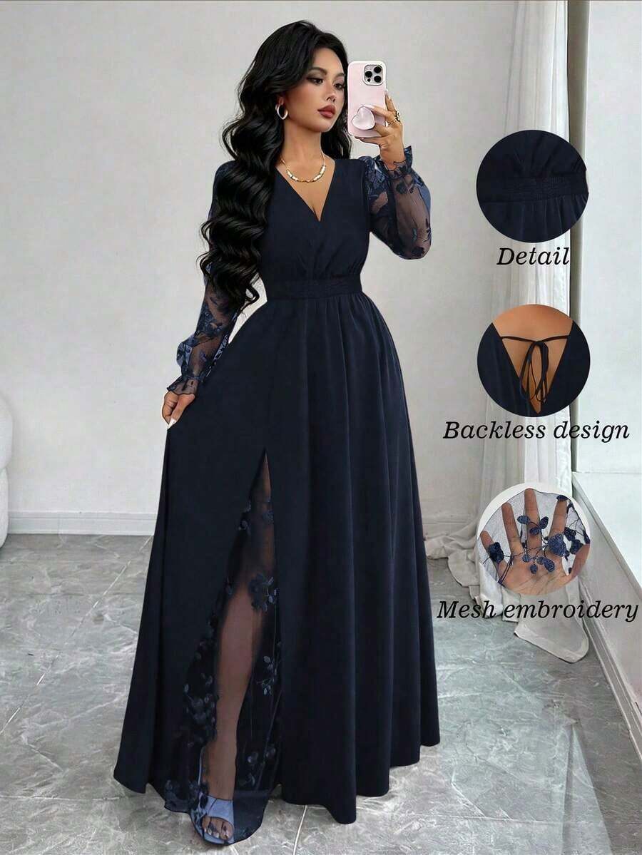 Vestido elegante de mujer con cuello en V profundo, parche de encaje, manga larga y abertura alta, adecuado para graduación, vacaciones, Día de San Valentín, festivales de música, Día de la Madre, Acción de Gracias, Pascua, Día Nacional, bailes, citas, fiestas, bodas, actividades al aire libre, primavera/verano - Azul marino - Ver 1