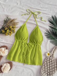 Blusa sin mangas con cuello halter y lazo en la espalda, adecuada para el verano - Verde - Ver 6