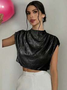 Blusa de mujer con cuello mao de unicolor y pliegues, informal y elegante, manga de murciélago fruncida, ajuste regular, top casual de uso diario para primavera/verano - Negro 3 - Ver 7