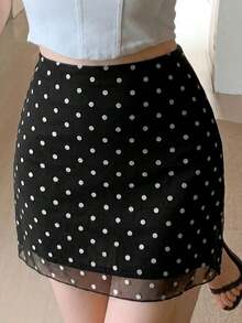 Falda de línea A con estampado de lunares casual para mujer, verano - Negro - Ver 6
