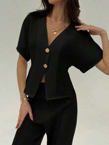 Camisa blanca sólida con mangas de murciélago, doble botonadura y frente abierto elegante - Negro - Ver 4