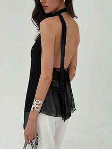 Top con cuello halter y espalda descubierta, asimétrico y sexy para mujer - Negro - Ver 5