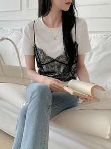 Camiseta casual de mujer de manga corta con cuello redondo de encaje en contraste para el verano - Blanco - Ver 5