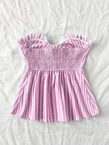 Top tubo con volantes y nudo delantero con estampado de rayas y bloques de color para vacaciones de verano en la playa de mujer - Rosa - Ver 2