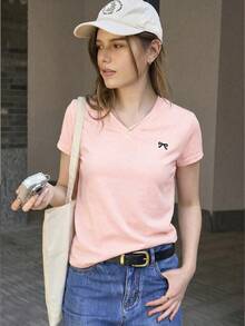 Camiseta de manga corta casual de verano para mujer con estampado de lazo - Rosa Pálido - Ver 6