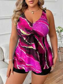 Swim Lushoire Vestido de baño con estampado de mármol para playa de talla grande y pantalones cortos de baño sólidos - Rosa Fucsia - Ver 5