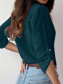 Camisa de mujer de manga larga de unicolor casual con puño - Verde Oscuro - Ver 2