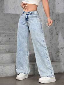 ICON Solid Color Wide Leg Pocket Jeans, Casual And Versatile - 淺色水洗 7 - 查看 2