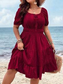 Clasi Vestido corto de manga corta en color burdeos de uso diario, sencillo y liso para mujeres de talla grande - Burdeos - Ver 3