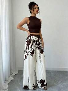 Nuevo conjunto casual de top y pantalones de color contrastante, pantalones anchos de cintura alta elegantes y sueltos, ropa de mujer de ajuste ceñido para primavera, verano y otoño de vacaciones - Marrón - Ver 3