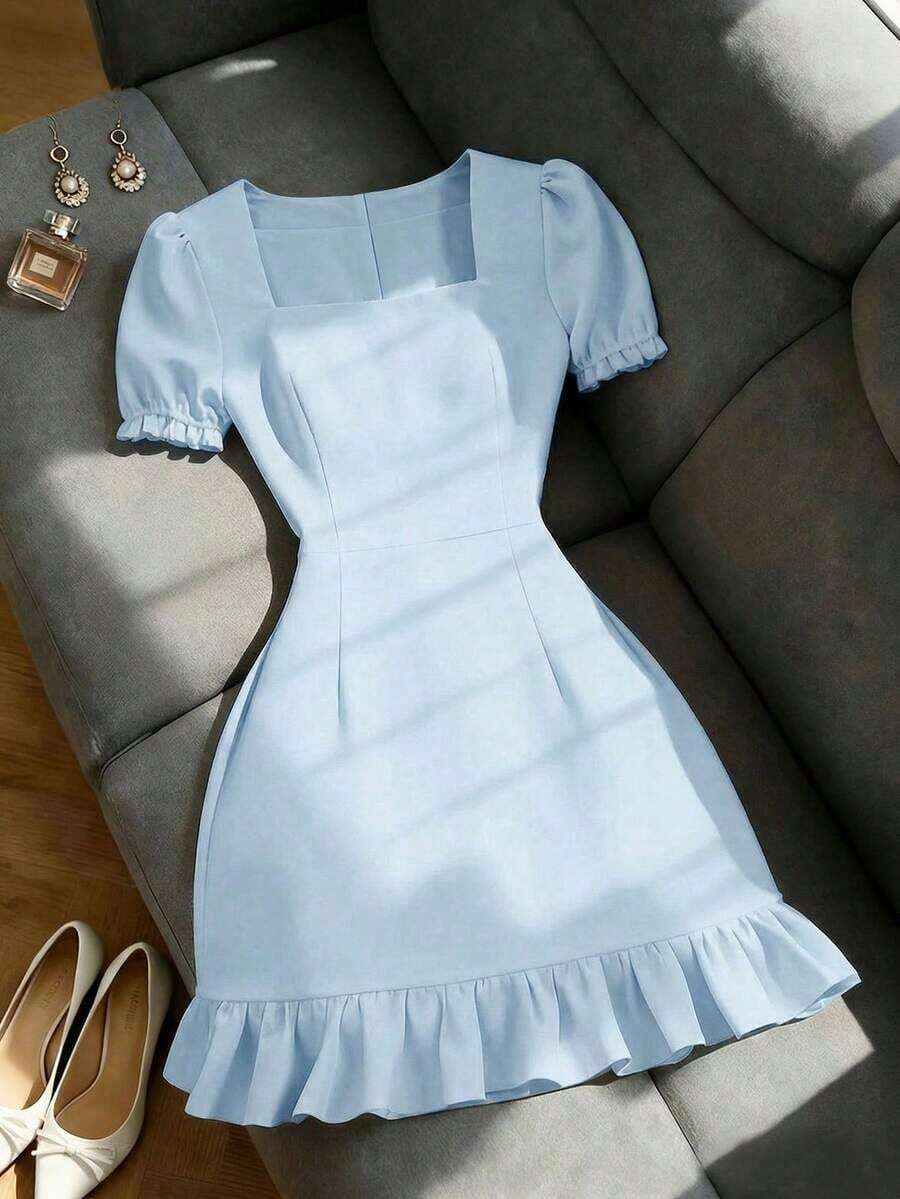 Vestido casual de línea A de manga corta con cuello cuadrado y perlas, unicolor elegante, adecuado para invitados, banquetes, cumpleaños, fiestas, verano/otoño, citas, ir al trabajo, estilo callejero, color albaricoque - Azul - Ver 1