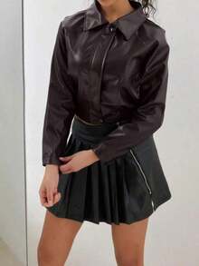 Chaqueta corta ligera con cremallera y cuello vintage para mujer, estilo casual americano, para primavera/otoño - Marrón - Ver 2