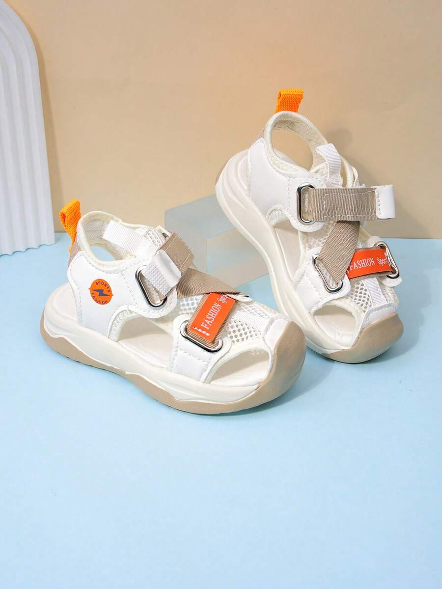 Sandalias funcionales para niños, malla transpirable con , patchwork negro y blanco, zapatos para exteriores resistentes y antideslizantes para la playa para niños, múltiples colores, malla transpirable, ligeros, fácil de poner y quitar, cómodos con acolchado, punta redonda, bajo, correa trasera, suela gruesa, adecuados para verano, playa, vacaciones