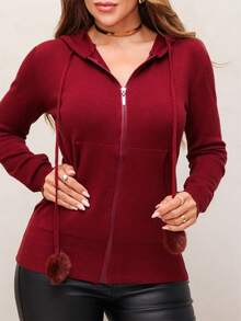 Women's Knitted Jacket With Hood And Zipper, Modal, Comfortable And Stylish, Winter SD3002 - Burgundy - View 2