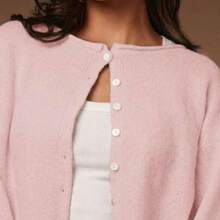 Women's Sapphire Blue Knit Cardigan, Soft Yarn Relaxed Straight Fit Classic Round Neck Drop Shoulder Long Sleeve Minimalist Chic Cardigan For Layering In Spring And Autumn,Bright Blue Knit Button Cardigan,Winter,New Year, Autumn/Winter, Blue Cardigan - Rosa Pálido - Ver 1